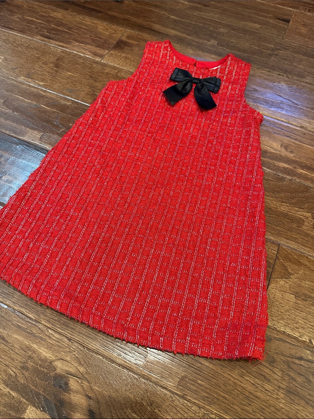 H&M Red Tweed A-Line Dress with Black Bow Accent